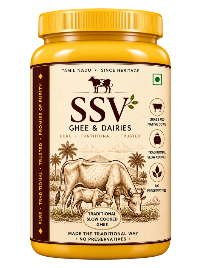 A jar of SSV Ghee & Dairies traditional slow-cooked ghee, with a grazing cow and calf illustrated on the label